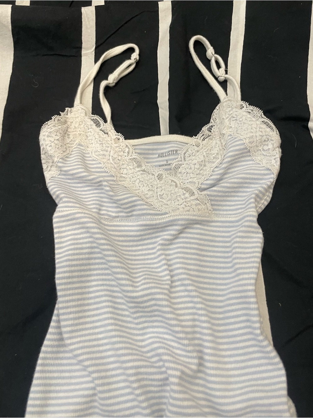 Hollister Light Blue and White Striped Lace-Trim Cami